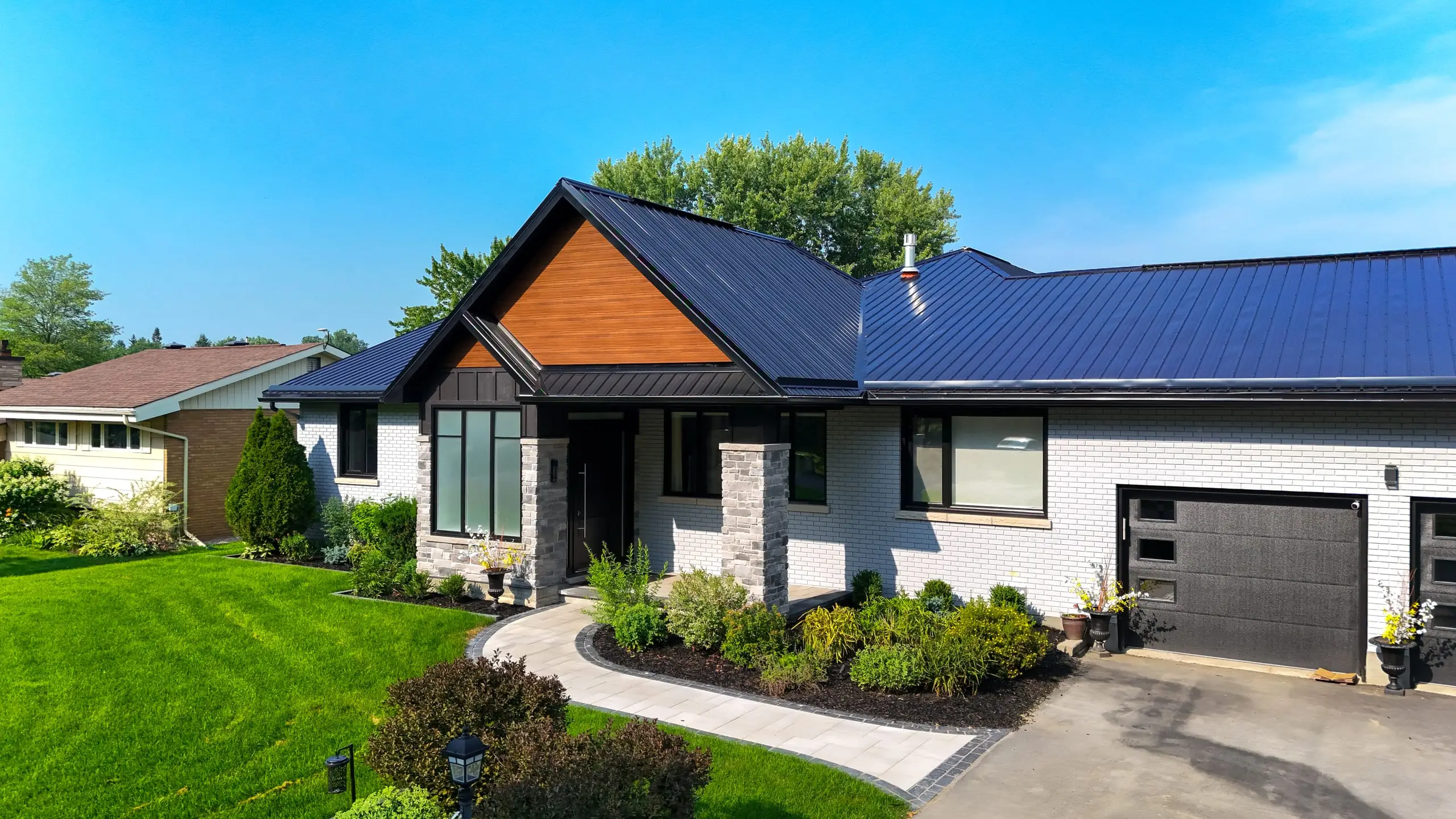 Aerial view of a completed riverside interlock stone terrace